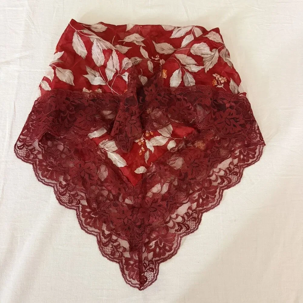 Pierre Balmain Paris Scarf Red Floral Lace Trim Cotton Nylon Vintage Japan Luxe